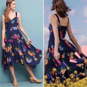 Anthropologie Navy Floral Midi Dress with Pink, Orange & Yellow Blooms